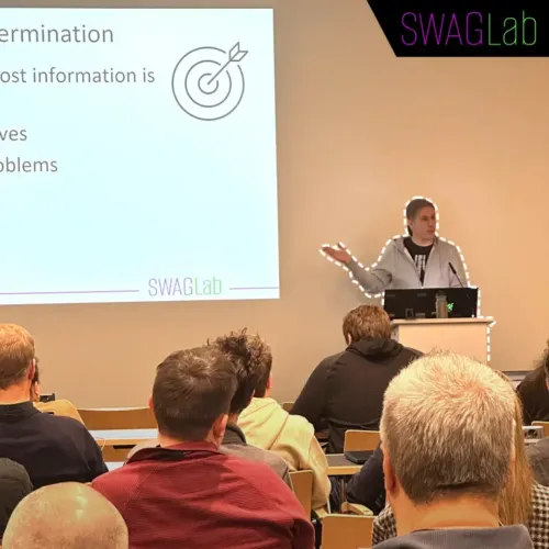 Eberhard Wolff spricht vor Publikum bei einem Vortrag und präsentiert eine Folie zum Thema autonome Teams mit SWAGLab-Branding.