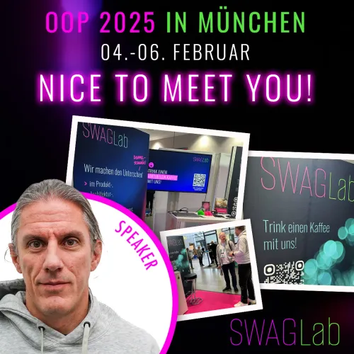 Grafik zur OOP 2025 in München mit SWAGLab-Stand, Fotos vom Event und Porträt von Eberhard Wolff als Speaker.