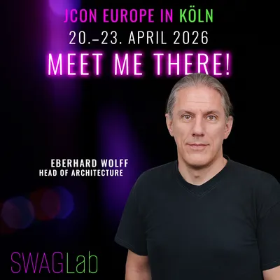 Portrait von Eberhard Wolff vor dunklem Hintergrund mit violetten und pinken Lichteffekten. Im Bild steht: „JCON Europe in Köln, 20.–23. April 2026, Meet me there“. Darunter: „Eberhard Wolff, Head of Architecture“ sowie das SWAGLab-Logo.