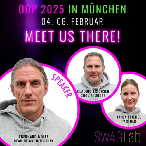 Grafik zur OOP 2025 in München mit den SWAGLab-Vertreter:innen Eberhard Wolff, Claudio Erichsen und Tanja Friedel.