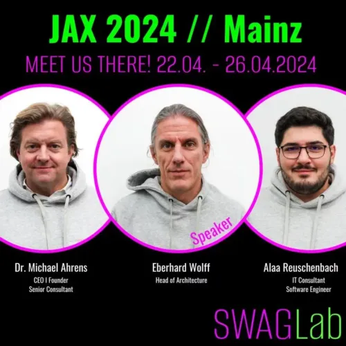 Grafik zur JAX 2024 in Mainz mit den SWAGLab-Vertretern Dr. Michael Ahrens, Eberhard Wolff und Alaa Reuschenbach.