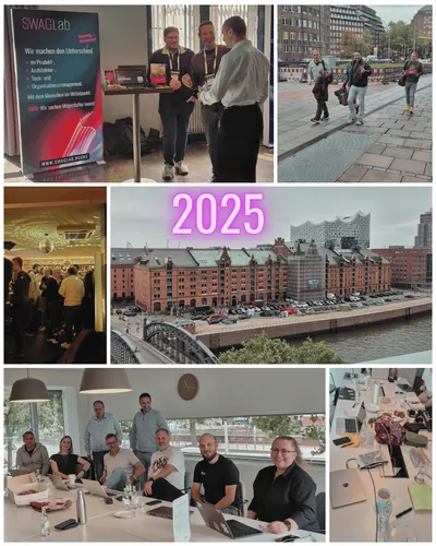 Collage mit mehreren Fotos aus dem SWAGLab-Jahr 2025: Oben links steht ein SWAGLab-Messestand mit Roll-Up, an dem drei Personen miteinander sprechen. Daneben gehen drei Kolleg:innen mit Rucksäcken und Laptoptaschen eine Hamburger Straße entlang. In der Mitte ist eine Luftaufnahme der Hamburger Speicherstadt mit Elbphilharmonie und großer „2025“-Beschriftung. Unten links sieht man eine Gruppe bei einem Networking-Event in einer Bar. Unten mittig sitzt das SWAGLab-Team in einem hellen Meetingraum an einem großen Tisch, lächelnd in die Kamera. Unten rechts liegen Arbeitsmaterialien, Laptops, Notizbücher und Snacks auf einem Tisch während eines Workshops.